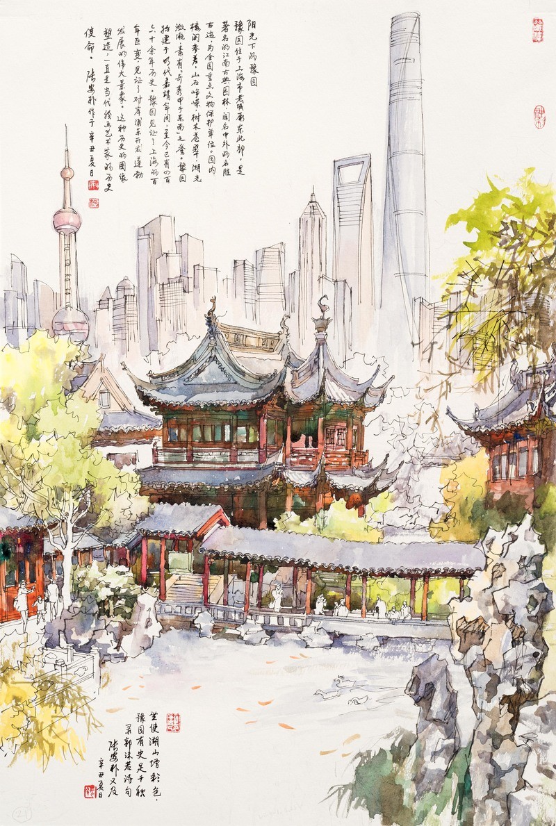 《阳光下的豫园》 钢笔水彩  张安朴.jpg
